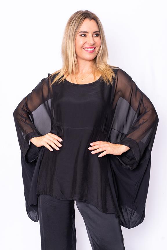 2553B Amberley- Black- Batwing silk top with seam and reverse pane ...
