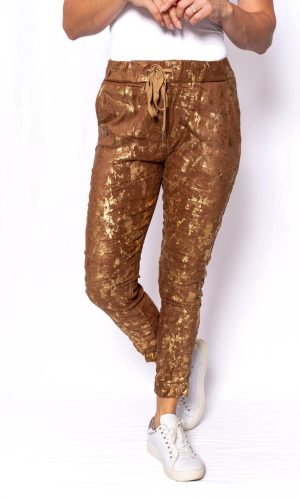 Lami- Camel- Suede touch laminated metallic stretch pant
