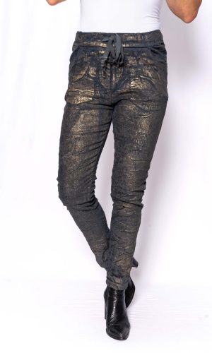 Sheen- Charcoal- Velvet stretch pant with gold metallic sheen