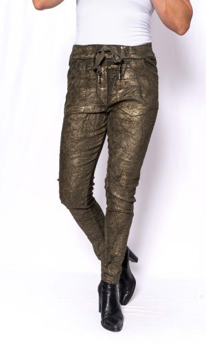 Sheen- Khaki- Velvet stretch pant with gold metallic sheen