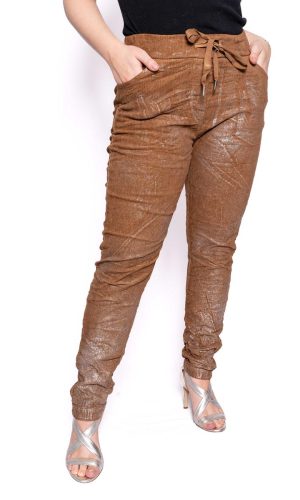 Sheen- Camel/Silver- Velvet stretch pant with silver metallic sheen