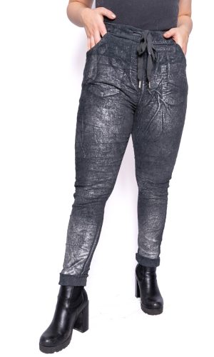 Sheen- Charcoal/Silver- Velvet stretch pant with silver metallic sheen