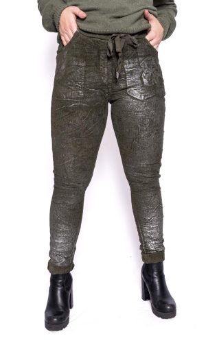 Sheen- Khaki/Silver- Velvet stretch pant with silver metallic sheen