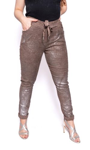 Sheen- Taupe/Silver- Velvet stretch pant with silver metallic sheen