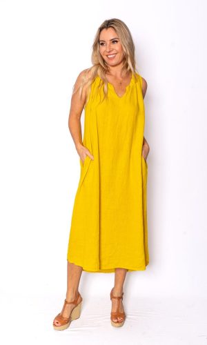 Cavendish- Citrus- Sleeveless linen midi dress with pockets