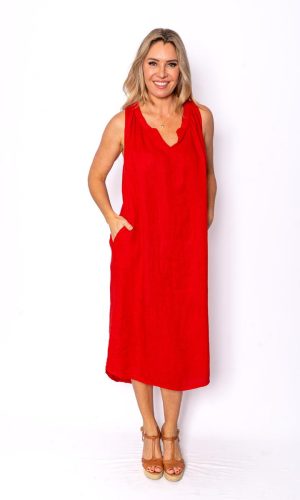 Cavendish- Red- Sleeveless linen midi dress with pockets