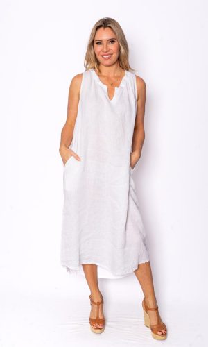 Cavendish- White- Sleeveless linen midi dress with pockets