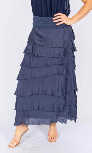 Nora - Navy Cut Silk Skirt with Soft Waist