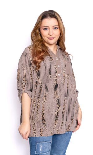 Leos- Taupe- Collarless viscose shirt with leopard stripes