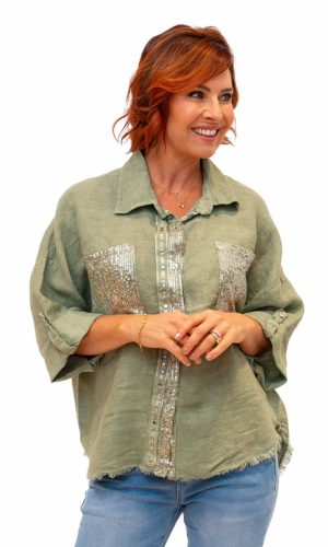 Holbrook-Khaki- Linen button through shirt with stud and sequin trim