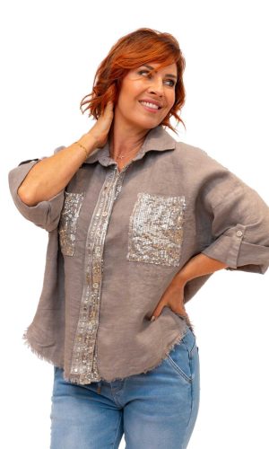 Holbrook-Taupe- Linen button through shirt with stud and sequin trim