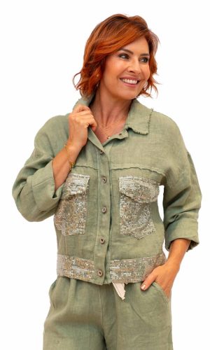 Long Island Jacket -Khaki- Linen jean style jacket with sequin