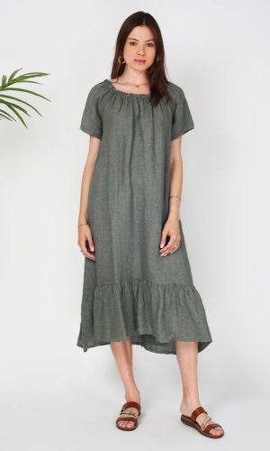 Lina- khaki- Linen midi dress with frill hem