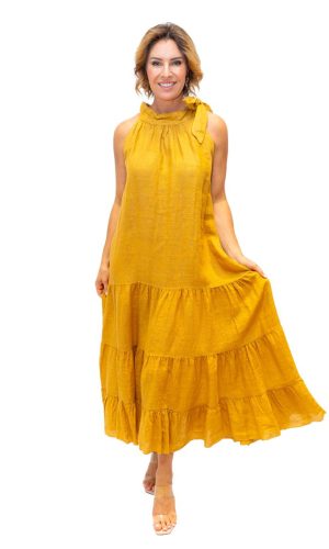 Boulevarde - Linen maxi with tiered hem and tie neck