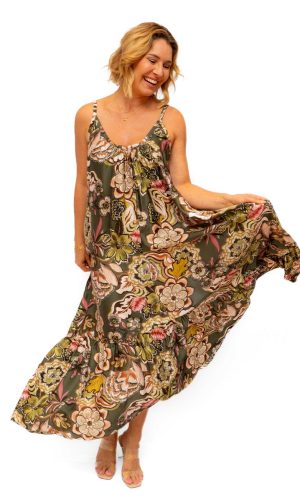 Florida- Multi Khaki- Strappy silk mix dress with frill