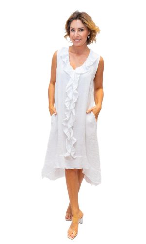 Sunrise- White- Linen maxi with v neck and centre frill to front