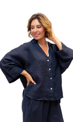 Nantucket Shirt- Navy- Linen shirt with black pleat and deep cuff