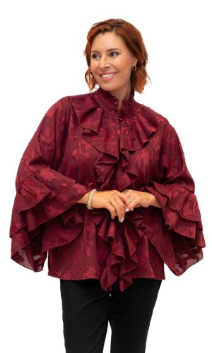 Malbec- Bordeaux- Brocade fabric shirt with ruffled front and sleeves