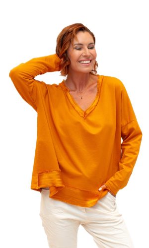 Baker- Tangerine V Neck Fray Trim Satin hem cotton L/S Top