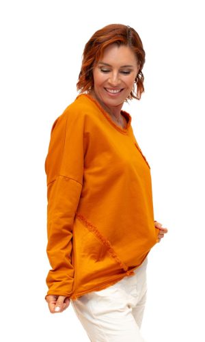 Bingham- Tangerine- Round Neck Fray Trim Satin pocket and insert cotton L/S Top