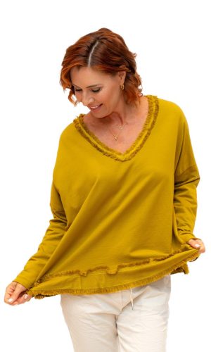 Baker- Lime- V Neck Fray Trim Satin hem cotton L/S Top