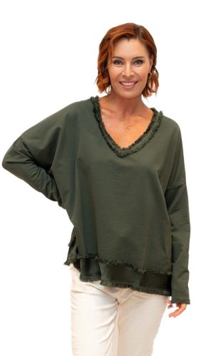 Baker- Forest- V Neck Fray Trim Satin hem cotton L/S Top