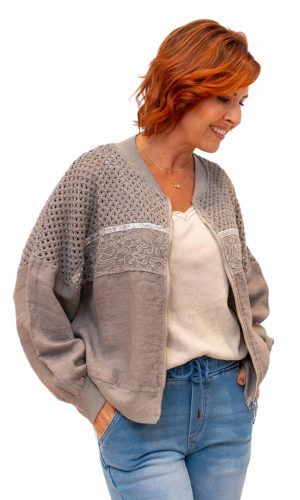 Bayside Bomber-Taupe- Linen zip front bomber with mesh inserts