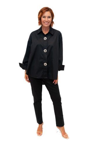 Campbell- Black- Cotton Poplin oversize shirt with Diamante Buttons