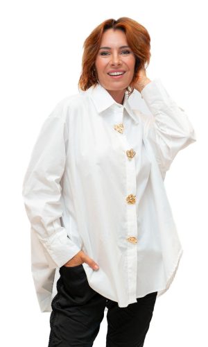Campbell- Gold Button- Cotton Poplin oversize shirt with gold brooches