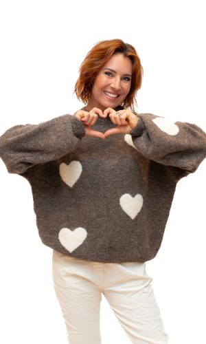 Cuore- Mocha Wool Mix Knit Heart Motif Sweater