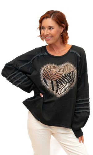 Hearty -Black- Cotton sweat with animal print sparkle heart