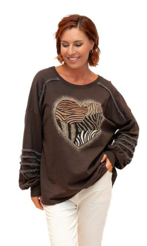 Hearty -Chocolate- Cotton sweat with animal print sparkle heart