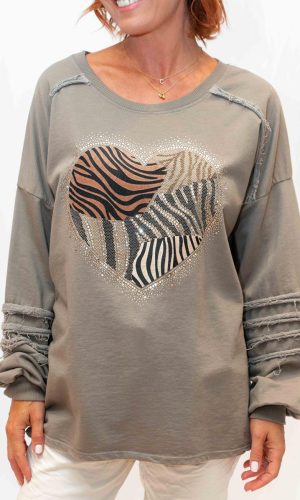 Hearty -Taupe- Cotton sweat with animal print sparkle heart