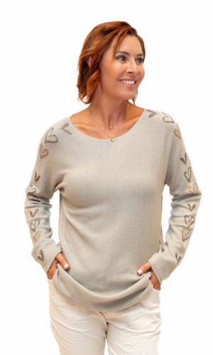 Homs- Beige-Soft sweater with sparkle heart sleeves