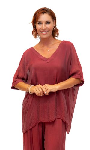Jemima- Bordeaux- V Neck longer Silk top
