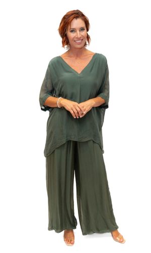 Jemima- Olive- V Neck longer Silk top