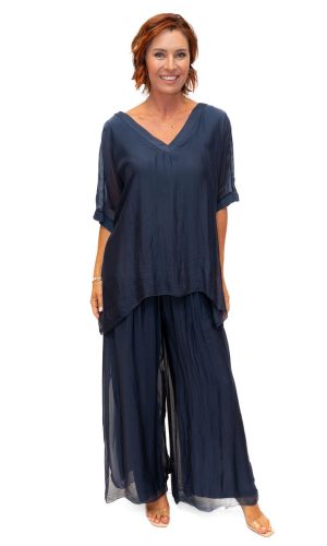 Jemima- Navy - V Neck longer Silk top
