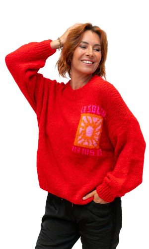 Le Soleil- Red Wool Mix Knit Sun Motif Sweater