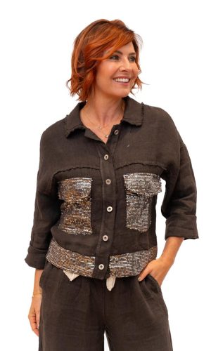 Long Island Jacket -Chocolate- Linen jean style jacket with sequin