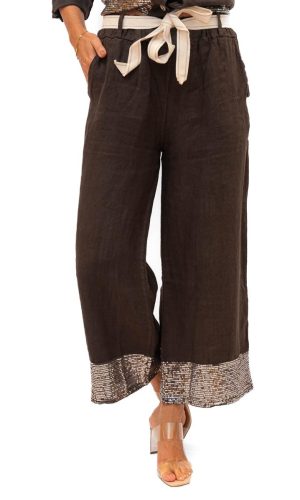 Long Island - Chocolate- Cropped Linen Pant with Sequin Trim