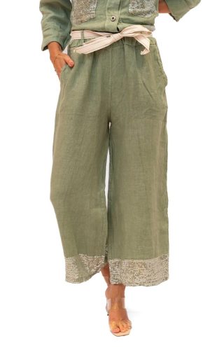 Long Island - Khaki- Cropped Linen Pant with Sequin Trim