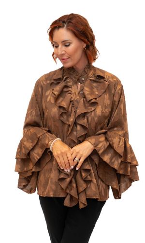 Malbec- Camel- Brocade fabric shirt with ruffled front and sleeves