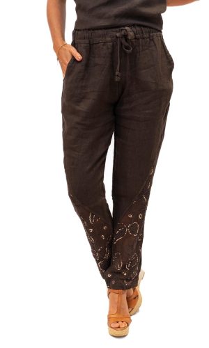 Mariner Pant-Chocolate- Linen pant with sequin mesh panel