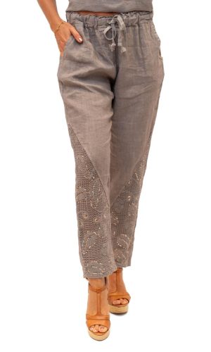 Mariner Pant-Taupe- Linen pant with sequin mesh panel