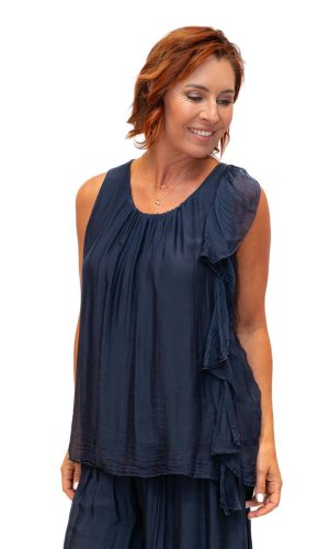 Martha- Navy O/S- Martha Long Silk Top with Ruffle