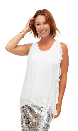 Martha- White O/S- Martha Long Silk Top with Ruffle