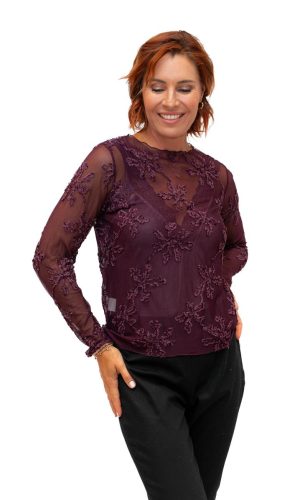 Minx -Bordeaux- Mesh embroidered longsleeved top