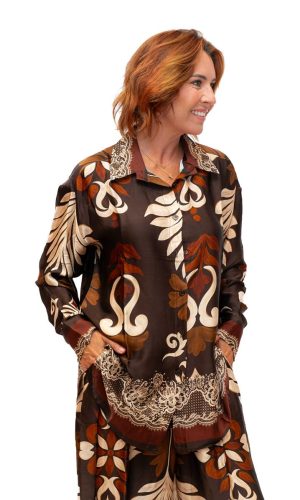 Nevis Shirt- Chocolate- Stylised jungle leaf print shirt