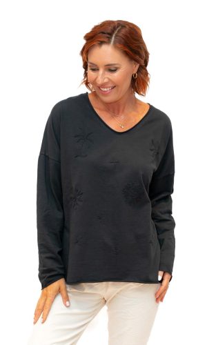 PalmBeach- Navy- Cotton long sleeve T with tree embroidery