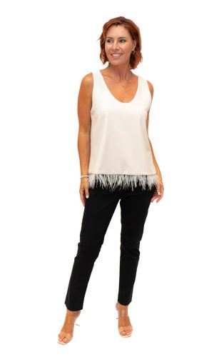 Ronette- Cream- Woven scoop neck top with feather trim